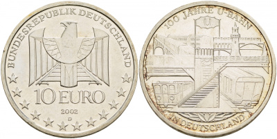 ФРГ 10 евро 2002 D, 100 лет немецкому метро KM 216, DE.S. 10.2 серебро UNC 1082-9-43
