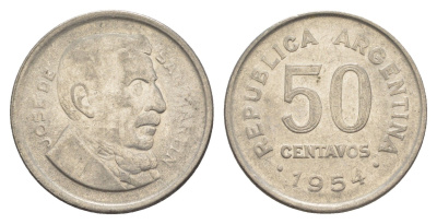 Аргентина 50 сентаво 1954 генерал Хосе де Сан Мартин KM 49 сталь плакированная никелем 4633-222
