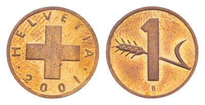 Швейцария 1 раппен 2001 B KM 46 бронза UNC 4532-418