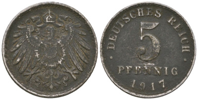 Германия 5 пфеннигов 1917 A, Вильгельм II (1888-1918) KM 19, AKS 17, J 297, Schon DM 20, Neum 33 железо 4588-226