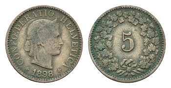 Швейцария 5 раппенов 1898 KM 26 медно-никель 4685-223