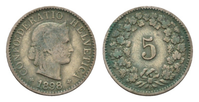 Швейцария 5 раппенов 1898 KM 26 медно-никель 4685-223