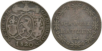 Граубюнден, Швейцария 1/2 батцена 1820 KM 6 биллон 1517-1234