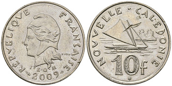 Французская Новая Каледония 10 франков 2009 рыбачья парусная лодка, (IEOM) KM 11a, Schoen 13a, Lec 99k медно-никель 61-1131