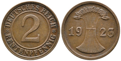 ГЕРМАНИЯ 2 РЕНТЕНПФЕННИГА 1923 D KM 31, J. 307 бронза 24-343
