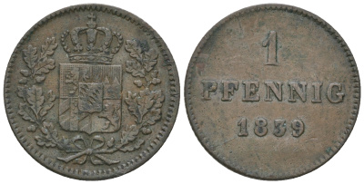 Бавария 1 пфенниг 1839 Людвиг I (1825-1848) KM 341, Wittelsbach 2776, AKS 94, BST 213 медь 54-815
