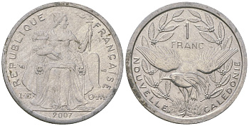 Французская Новая Каледония 1 франк 2007 птица кагу, (IEOM) KM 10, Schoen 10 алюминий 55-132