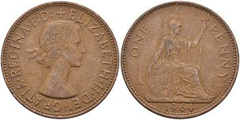 Великобритания 1 пенни 1964 Елизавета II (1952-2022) KM 897, Spink 4157 бронза 4574-226