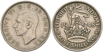 Великобритания 1 шиллинг 1948 Георг VI (1936-1952), Английский герб KM 863, Spink 4103 медно-никель 4126-435