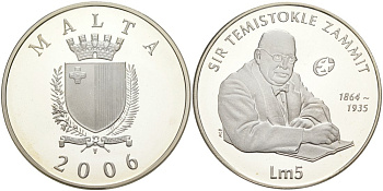 Мальта 5 лир 2006 Темистоклес Заммит (Сэр Теми Заммит), археолог, историк, писатель, профессор химии и врач KM 138 серебро PROOF 11-345-12