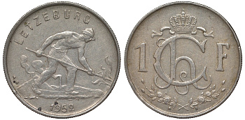 Люксембург 1 франк 1952 сталевар KM 46.2 медно-никель 4163-213