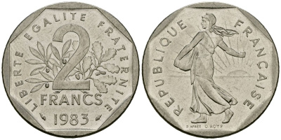 Франция 2 франка 1983 сеятель KM 942.1 никель 4120-425
