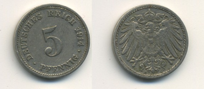 ГЕРМАНИЯ 5 ПФЕННИГОВ 1914 D, KM 11, J. 12 медно-никель 54-668