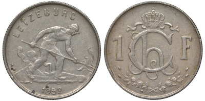 Люксембург 1 франк 1952 сталевар KM 46.2 медно-никель 4163-213