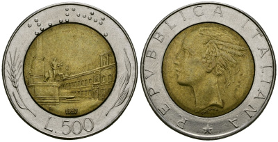 Италия 500 лир 1987 R, Квиринальский дворец в Риме KM 111 биметалл 4138-637