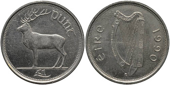 ИРЛАНДИЯ 1 ФУНТ 1990 ОЛЕНЬ KM 27 медно-никель 69-823
