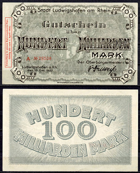 Германия, Людвигсхафен-ам-Райн 100000000000 марок (100 миллиардов) 1923 нотгельд, Ludwigshafen am Rhein бумага aUNC 435-56-1-2