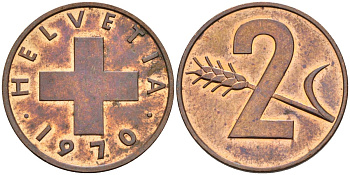 Швейцария 2 раппена 1970 KM 47 бронза UNC 4592-724