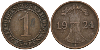 Германия 1 рейхспфенниг 1924 J KM 37, J. 313 бронза 4516-343