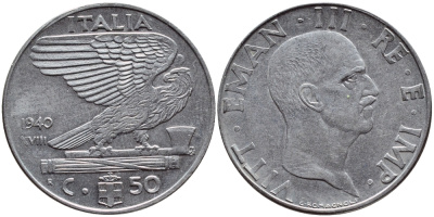 ИТАЛИЯ 50 ЧЕНТЕЗИМО 1940 R, ВИКТОР ИМАНУИЛ, XVIII ГОД KM 76b сталь 4398-1044