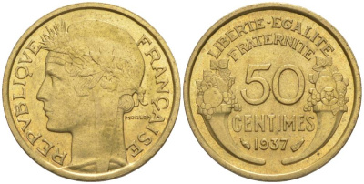 ФРАНЦИЯ 50 САНТИМОВ 1937 ТИП MORLON KM 894.1, LE FRANC 192.13 алюминиевая бронза 44-746