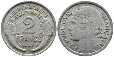Франция 2 франка 1947 KM 886а.1 алюминий 83-1946