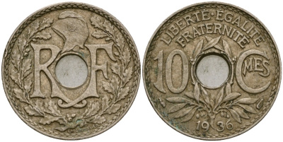 Франция 10 сантимов 1936 KM 866a медно-никель 51-2754