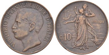 Италия 10 чентезимо 1911 50 лет Королевству Италия (1861-1911) KM 51 медь 4526-1034