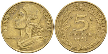 ФРАНЦИЯ 5 САНТИМОВ 1966 ТИП MARIANNE KM 933, LE FRANC 125.2 алюминиевая бронза 4549-246
