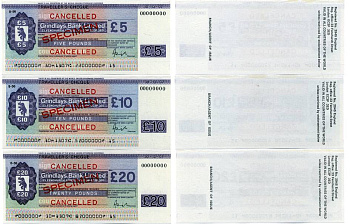 АНГЛИЯ НАБОР ИЗ 3 ДОРОЖНЫХ ЧЕКОВ (5, 10, 20 ФУНТОВ) GRINDLAYS BANK LIMITED (LONDON, FENCHURCH STREET 23), SPECIMEN бумага UNC (ПРЕСС) 6280-19-1-2