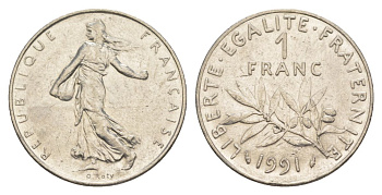 Франция 1 франк 1991 сеятель KM 925.1, Le Franc 226.36 никель 4631-537
