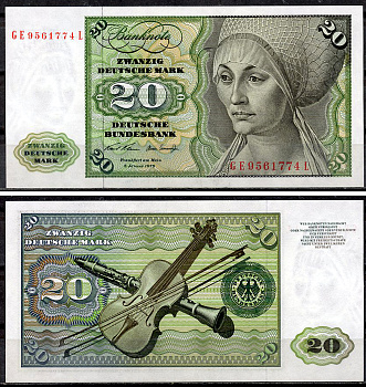 ФРГ 20 марок 1970 Эльсбет Тухер (Альбрехт Дюрер), скрипка, кларнет, буквы серии больше цифр Pick 32 a (2)  бумага  aUNC 451-917-3
