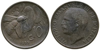ИТАЛИЯ 10 ЧЕНТЕЗИМО 1935 R, ВИКТОР ИМАНУИЛ, ПЧЕЛА KM 60 медь 4382-937