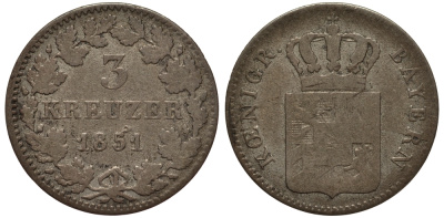 Бавария 3 крейцера 1851 Максимилиан II (1848-1864) KM 453 серебро 1517-634