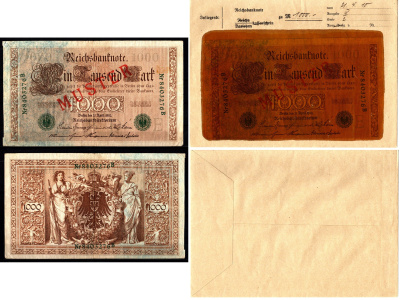 Германия 1000 марок 1910 зеленая печать, 21 апреля, MUSTER, образец, Specimen. В оригинальном банковском конверте. Из коллекции Отто Сейфферта (помощник Ялмара Шахта - министра экономики Германии и президента Рейхсбанка времен третьего рейха) Pick 45 s, G