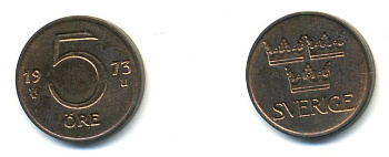 Швеция 5 эре 1973 U, Густав VI Адольф (1950-1973) KM 845 бронза 4379-644