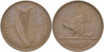 ИРЛАНДИЯ 1 ПЕННИ 1937 КУРИЦА С ЦЫПЛЯТАМИ KM 3 бронза 4545-1025