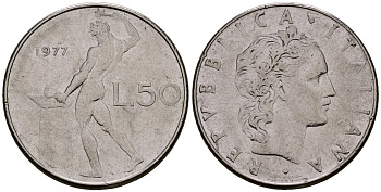 Италия 50 лир 1977 KM 95.1 нержавеющая сталь 4176-243