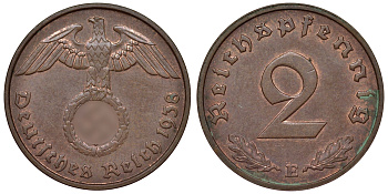 Германия 2 рейхспфеннига 1938 E KM 38, J. 362 алюминиевая бронза 4121-627