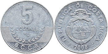 КОСТА-РИКА 5 КОЛОН 2008 B.C.C.R. KM 227b алюминий 53-624