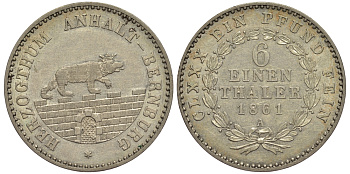 Ангальт-Бернбург 1/6 талера 1861 А, КМ 87, J. 71 серебро UNC 00-00