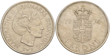 ДАНИЯ 1 КРОНА 1974 S; B, МАРГРЕТЕ II (1972-) KM 862.1 медно-никель 4388-144
