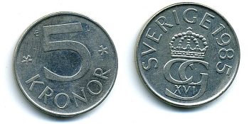 Швеция 5 крон 1985 U Карл XVI Густав (1973- ) KM 853 медно-никель 37-1132