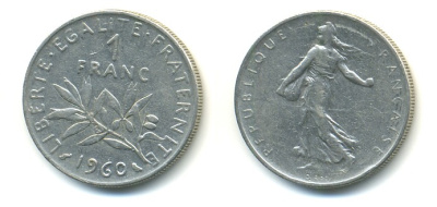 ФРАНЦИЯ 1 ФРАНК 1960 СЕЯТЕЛЬ KM 925.1, LE FRANC 226.4 никель 57-112