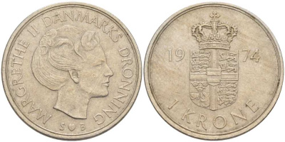 ДАНИЯ 1 КРОНА 1974 S; B, МАРГРЕТЕ II (1972-) KM 862.1 медно-никель 4388-144