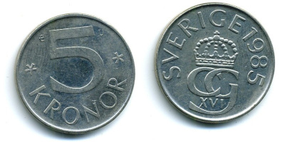 Швеция 5 крон 1985 U Карл XVI Густав (1973- ) KM 853 медно-никель 37-1132