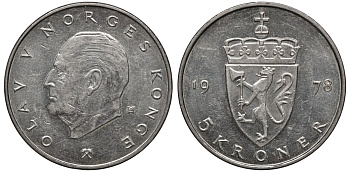 Норвегия 5 крон 1978 Улаф V (1958-1991) KM 420 медно-никель 81-835