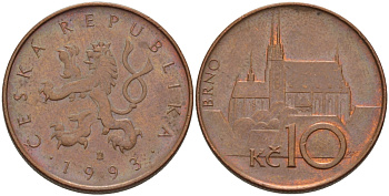 Чехия 10 крон 1993 кафедральный собор, город Брно KM 4 сталь плакированная медью 57-537