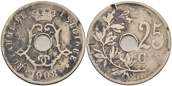 БЕЛЬГИЯ 25 САНТИМОВ 1908 BELGIQUE KM 62 медно-никель 4589-743