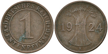 Германия 1 рентенпфенниг 1924 A KM 30, J. 306 бронза 4608-267
